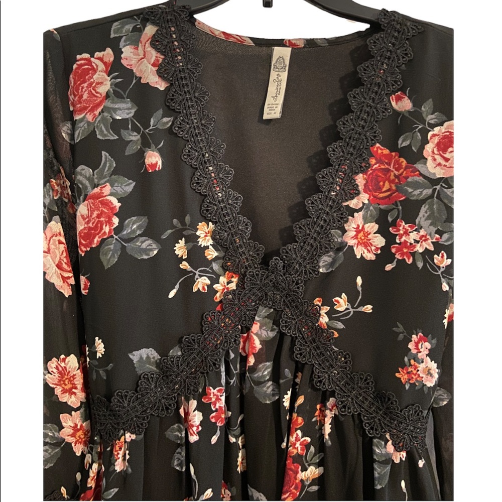 American Rag Black & Floral Deep-V neck Dress.